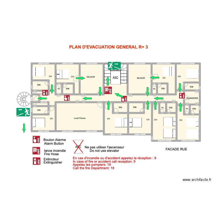 Plan évacuation 3ième Etage Général. Plan de 30 pièces et 52 m2