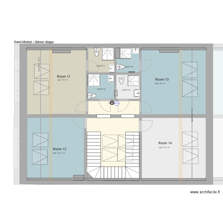 Saint Michel 71 version 14 chambres. Plan de 51 pièces et 646 m2