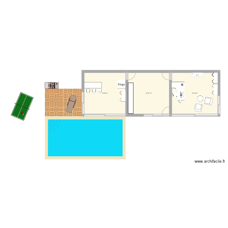 projet piscine. Plan de 3 pièces et 63 m2