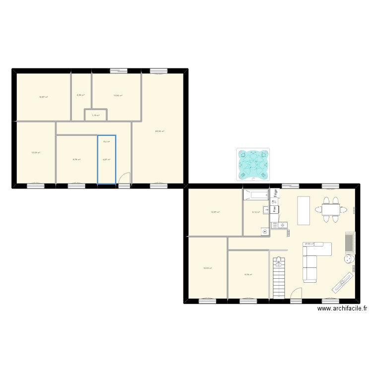 Massieu House. Plan de 14 pièces et 180 m2