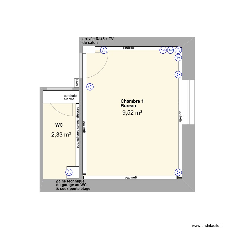 Bureau + WC avec câblage. Plan de 2 pièces et 12 m2
