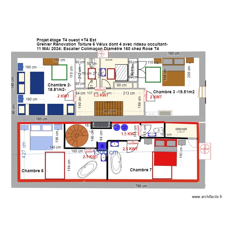 PProjet ETAGE T5 - 4 chambres colimaçon. Plan de 7 pièces et 51 m2