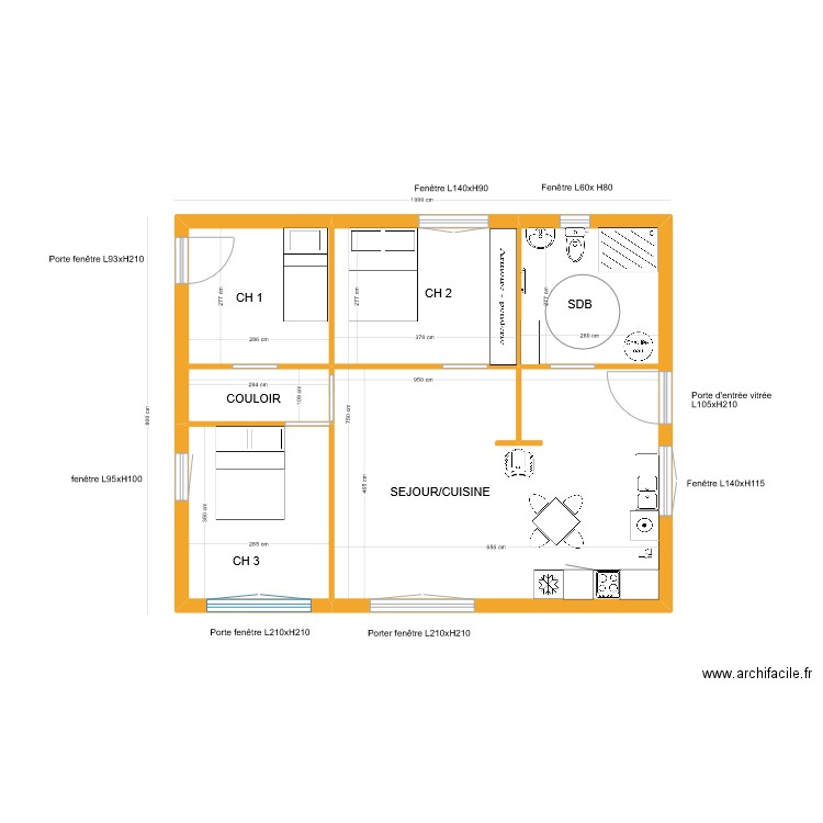 maison toit plat 80 m² sans implantation poteux/pieux. Plan de 4 pièces et 69 m2