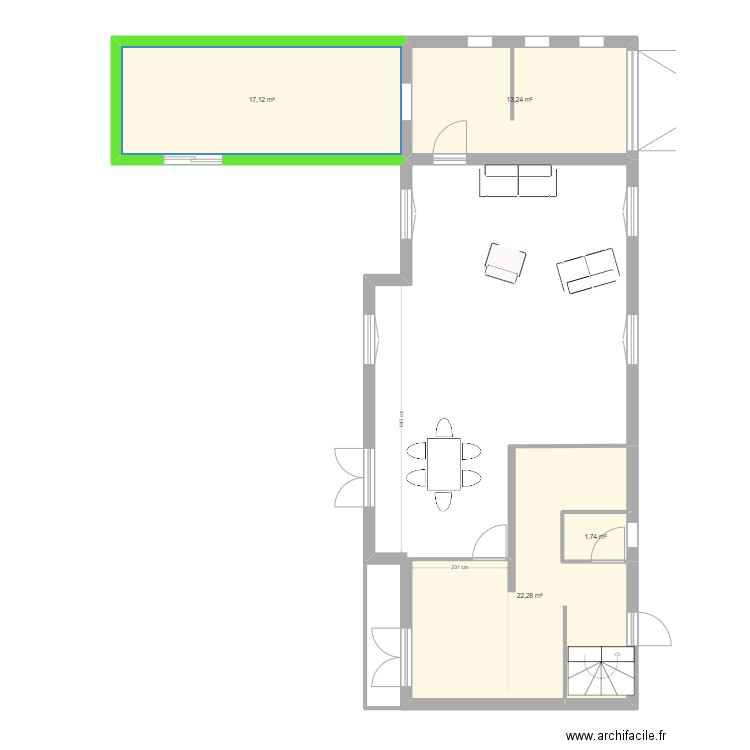 Maison long RDC Projet 2. Plan de 4 pièces et 54 m2