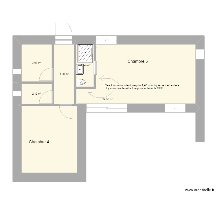 Pavillon sud option 1. Plan de 5 pièces et 48 m2