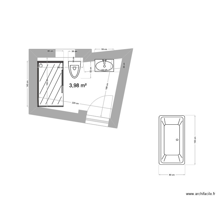 Salle de Bain 14 RP. Plan de 1 pièce et 4 m2