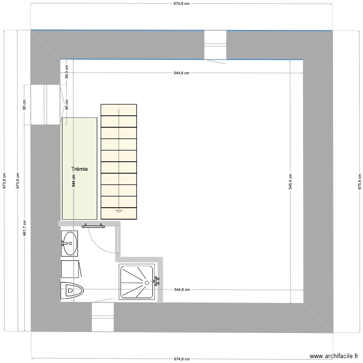 schéma 1er étage avec SDB sans poutres. Plan de 1 pièce et 30 m2