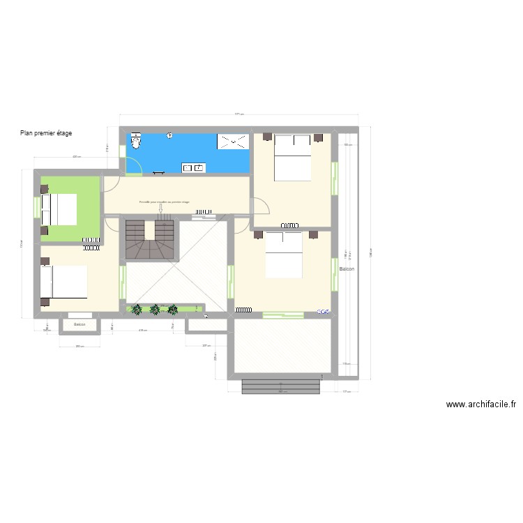 Plan premier etage F1. Plan de 9 pièces et 123 m2