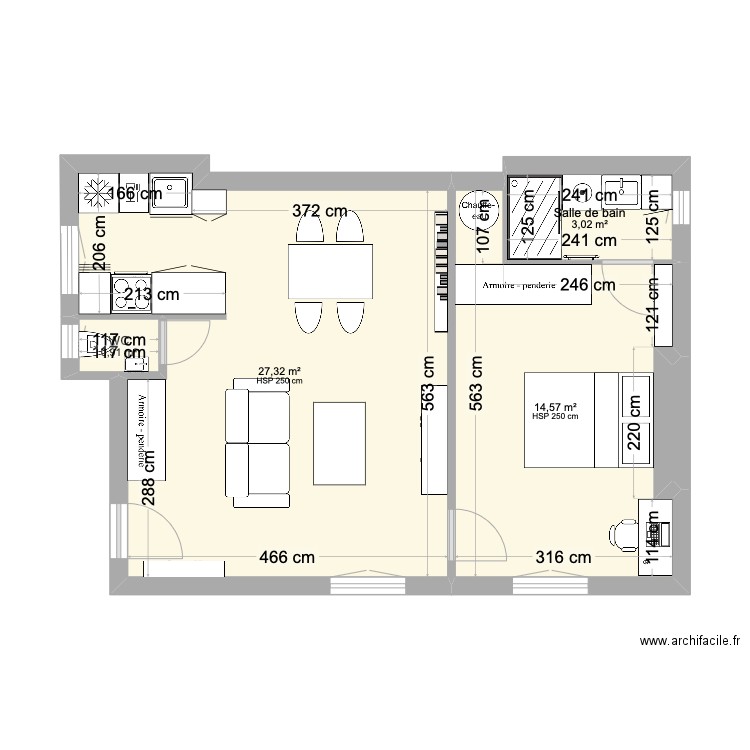 Appartement aménagé . Plan de 5 pièces et 46 m2