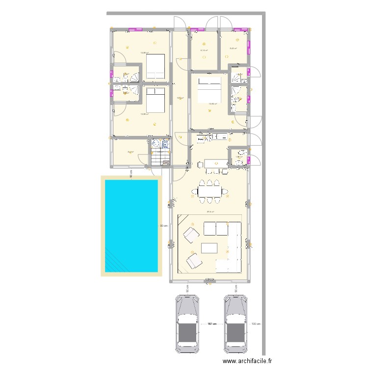 Plan maison. Plan de 14 pièces et 141 m2