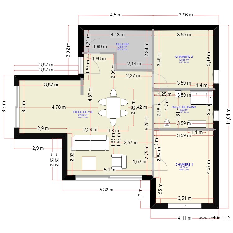 plan double L6. Plan de 5 pièces et 87 m2