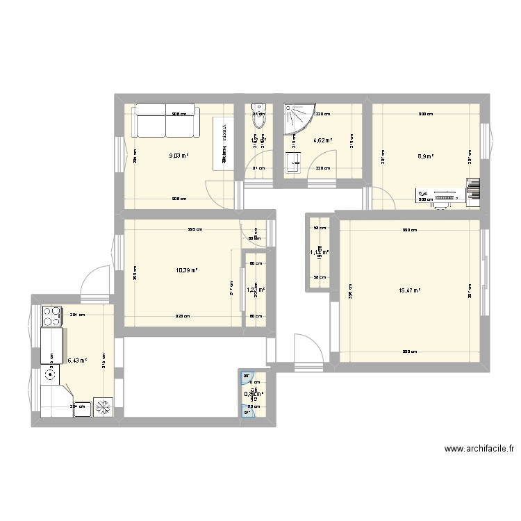 appartement roberty. Plan de 10 pièces et 60 m2