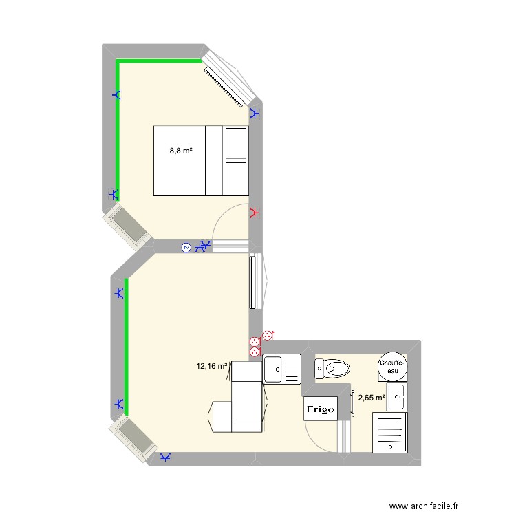 Appartement V2. Plan de 3 pièces et 24 m2
