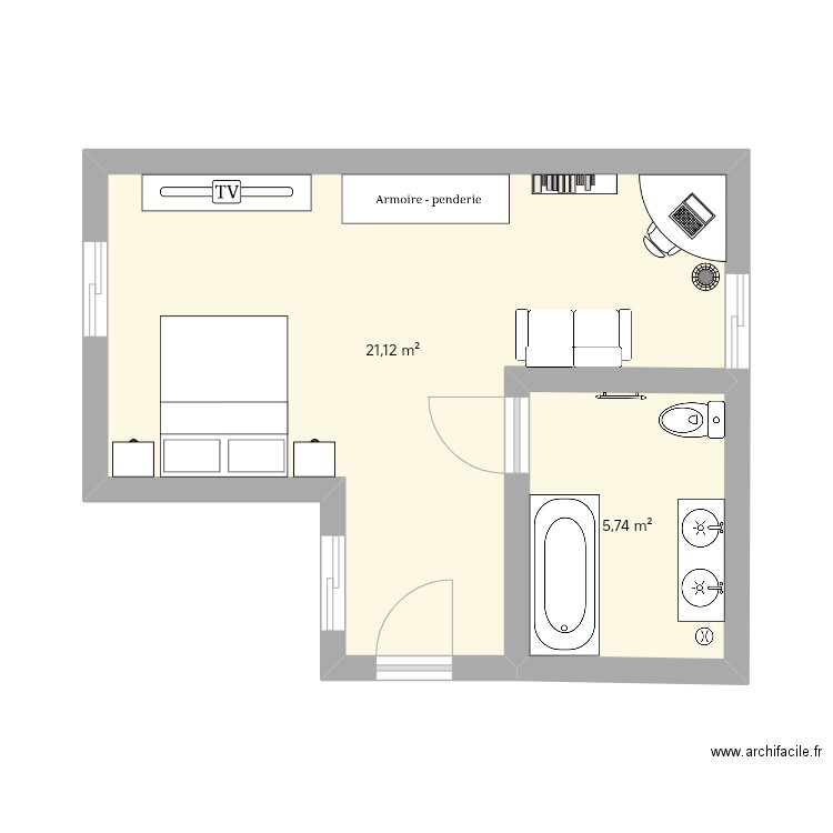 Hôtel Airbnb . Plan de 2 pièces et 27 m2
