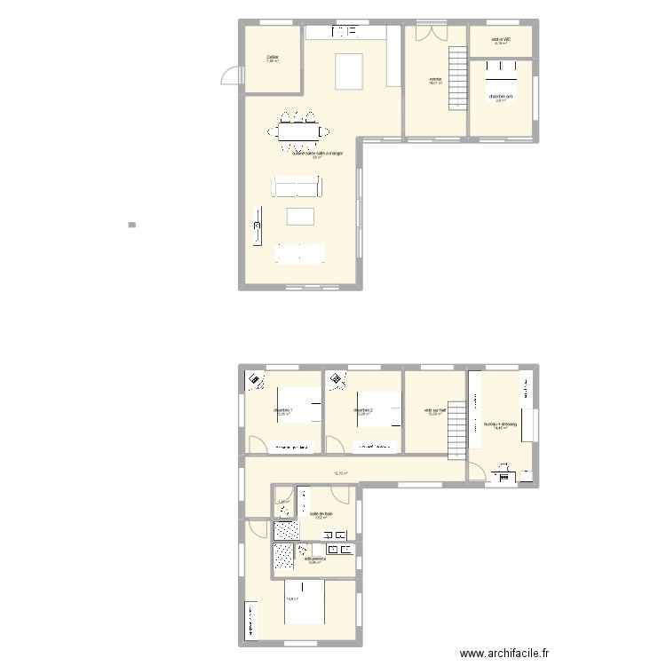 maison L. Plan de 14 pièces et 191 m2