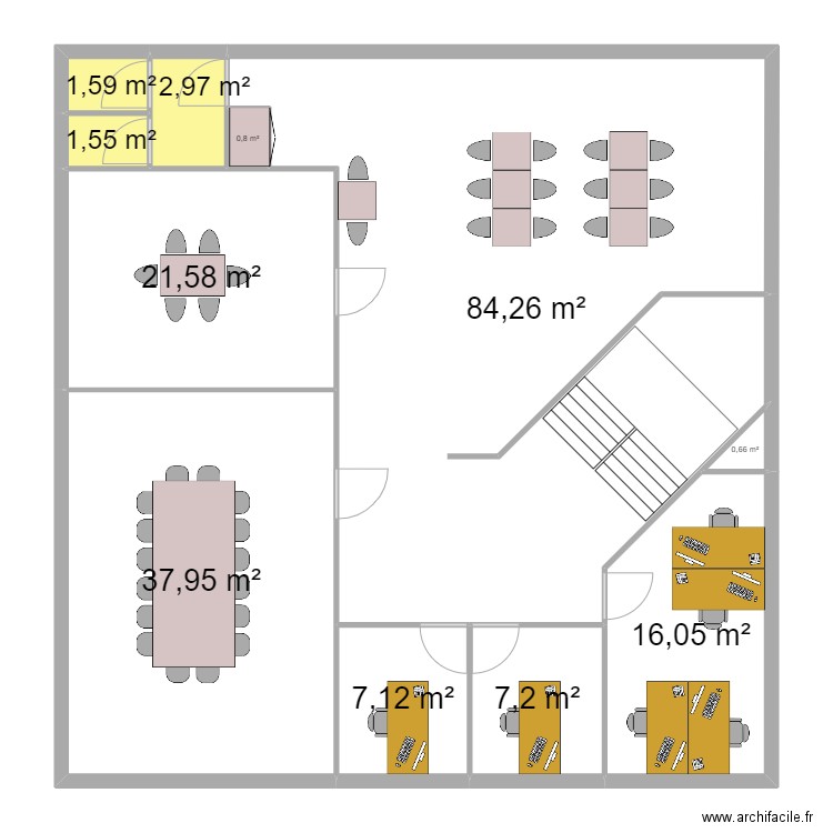 OHM R+2 disposition des tables. Plan de 11 pièces et 182 m2