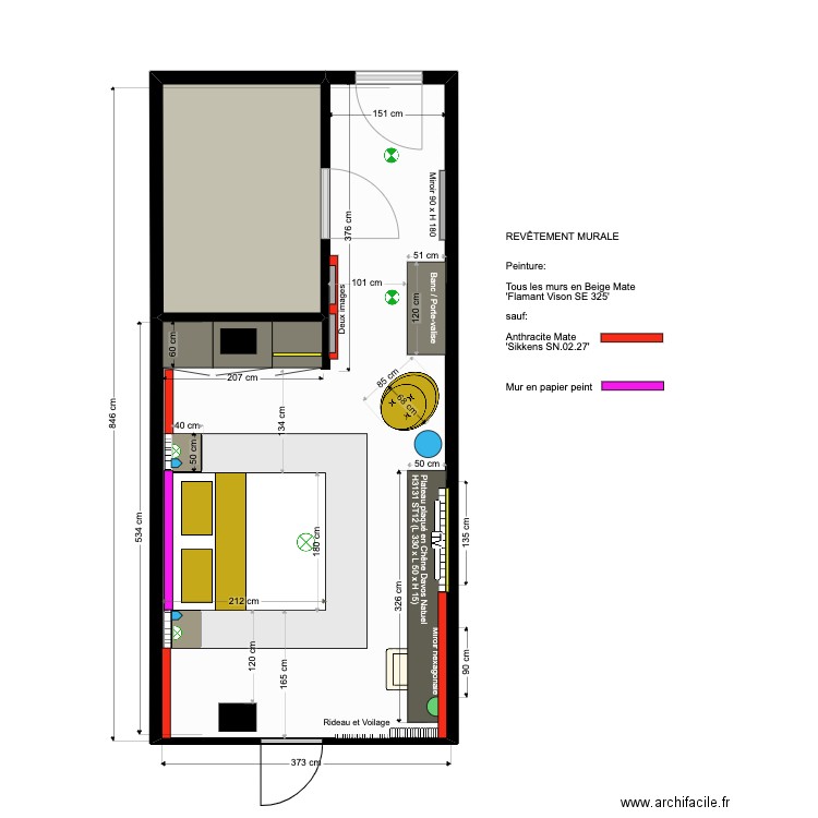 Chambre Standard - Revêtements muraux. Plan de 2 pièces et 31 m2