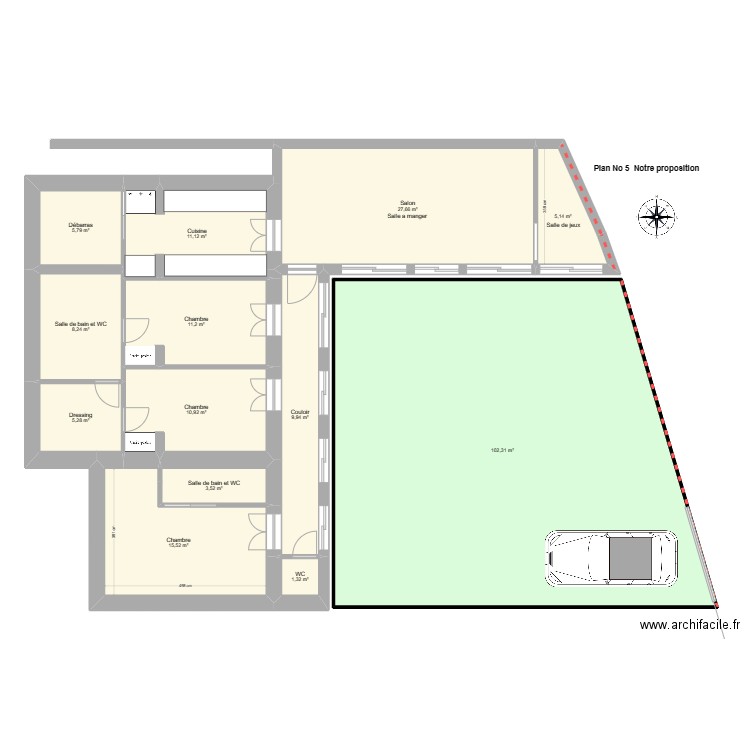 SM Plan 5 Proposition avec ajout couloir. Plan de 13 pièces et 218 m2