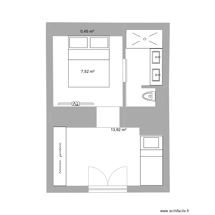 Chambre appartement rdj bis. Plan de 3 pièces et 22 m2