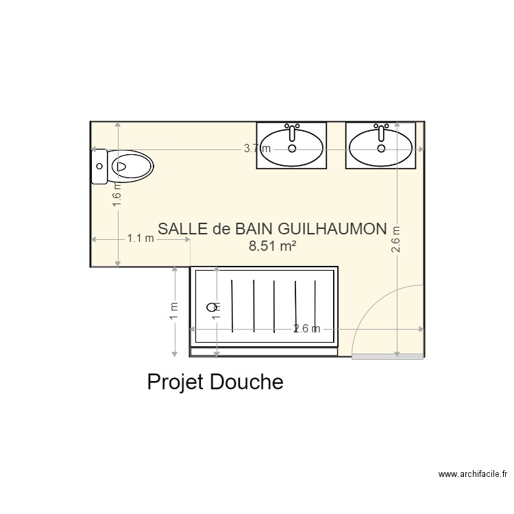 20220605  salle de bain projet douche. Plan de 1 pièce et 9 m2