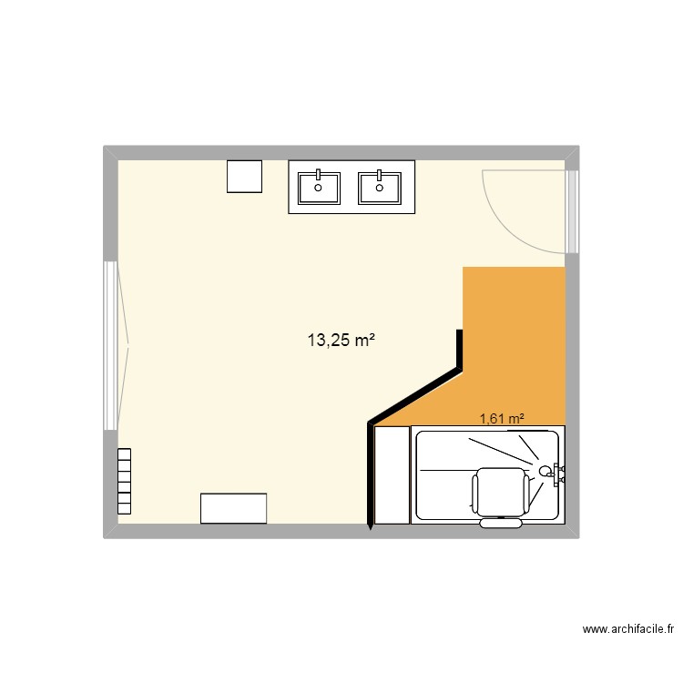 SDB étage aménagée. Plan de 1 pièce et 13 m2