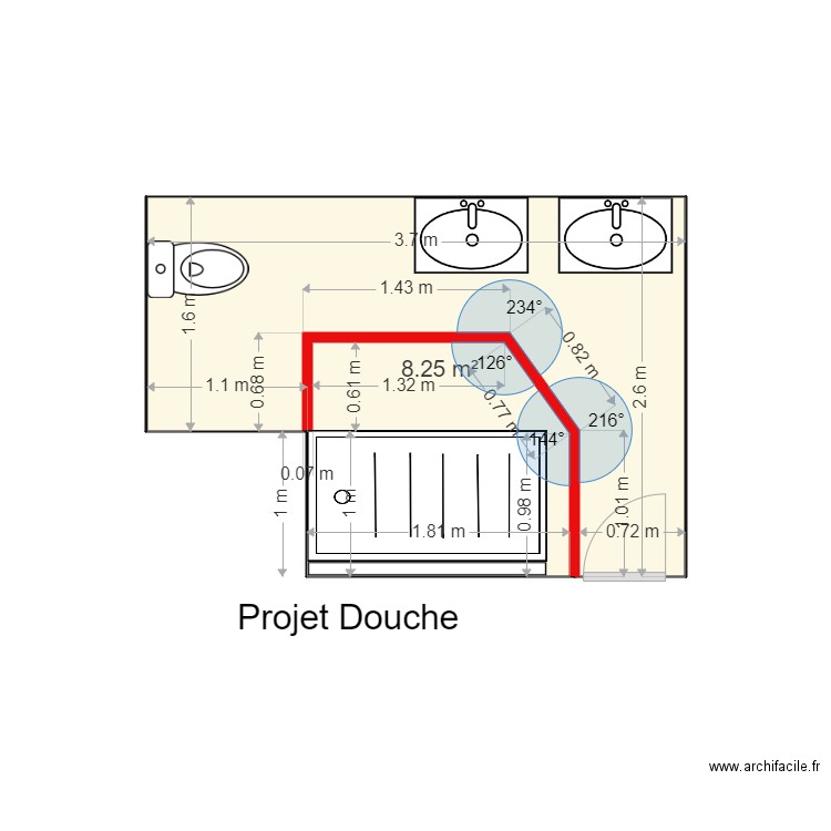 20220731  salle de bain projet douche. Plan de 1 pièce et 8 m2