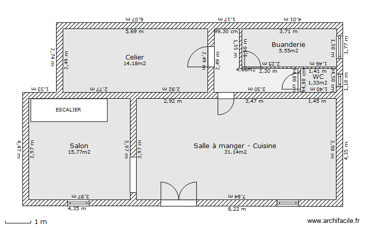 R D C. Plan de 6 pièces et 73 m2