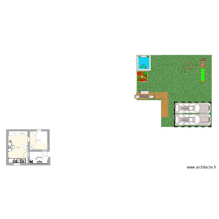 chambre + jardin. Plan de 2 pièces et 18 m2
