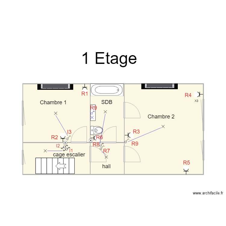 Electricité étage 1. Plan de 5 pièces et 31 m2