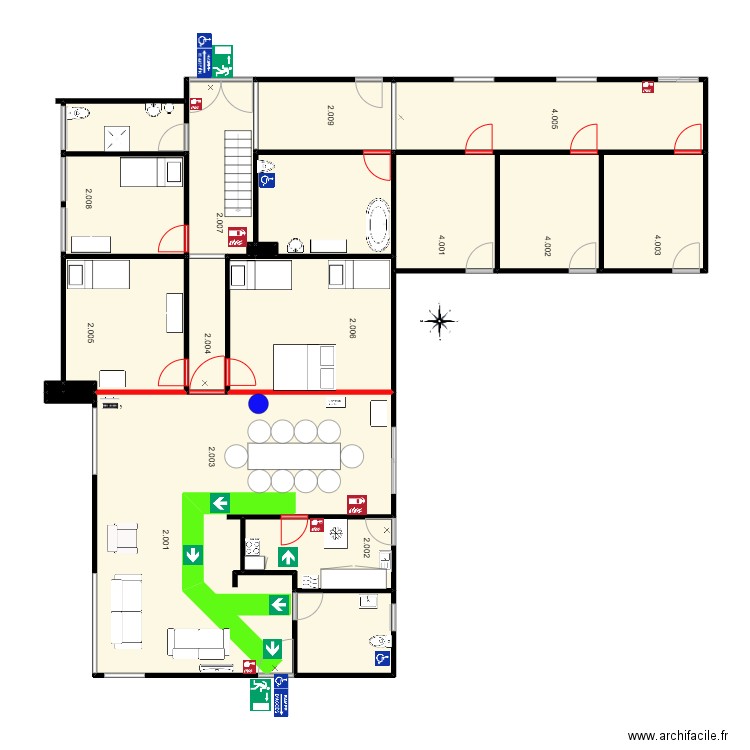 S1P_étage 0_plan d'évacuation_18042024. Plan de 18 pièces et 213 m2