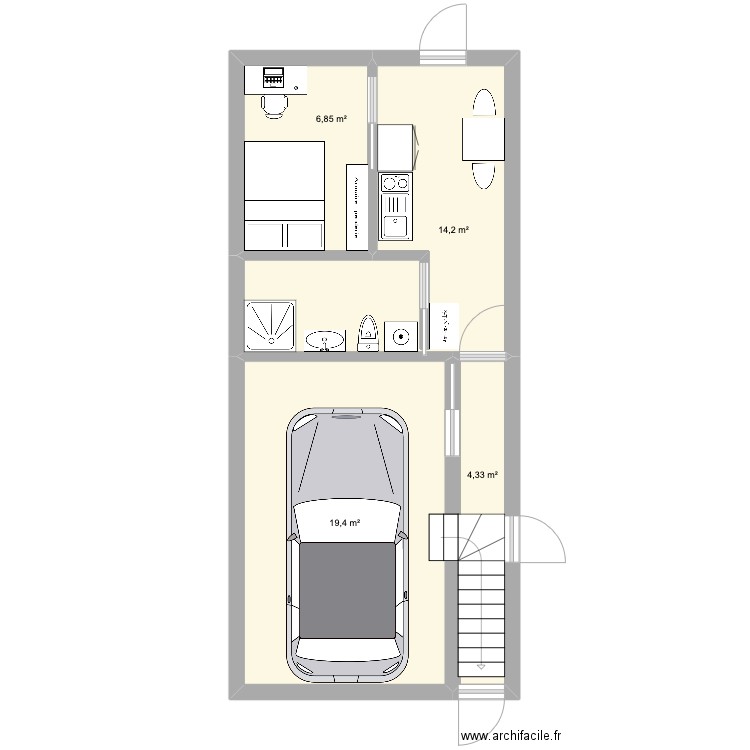 Plan studio + garage. Plan de 4 pièces et 45 m2