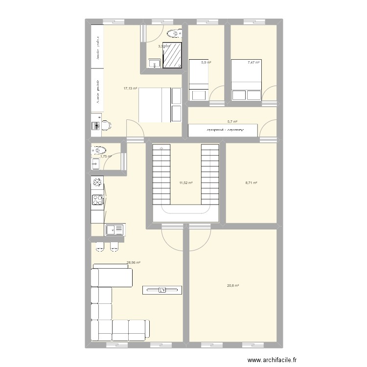 Appartement 30 m. Plan de 10 pièces et 111 m2