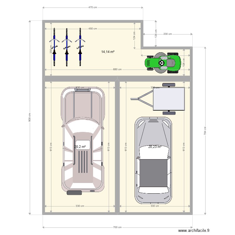 Carport V3. Plan de 3 pièces et 55 m2