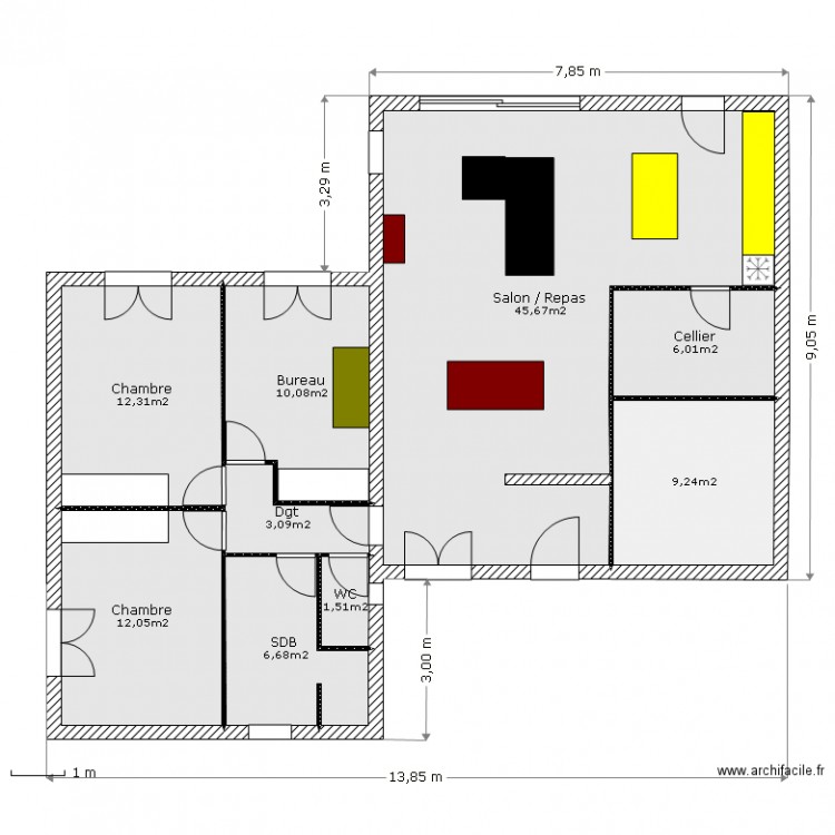 91 m² sans porche degt en L. Plan de 0 pièce et 0 m2