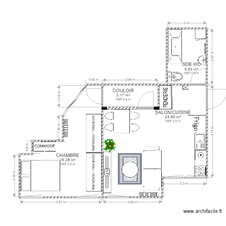 étude création logement dans un local créteil PROPALE 1. Plan de 4 pièces et 50 m2