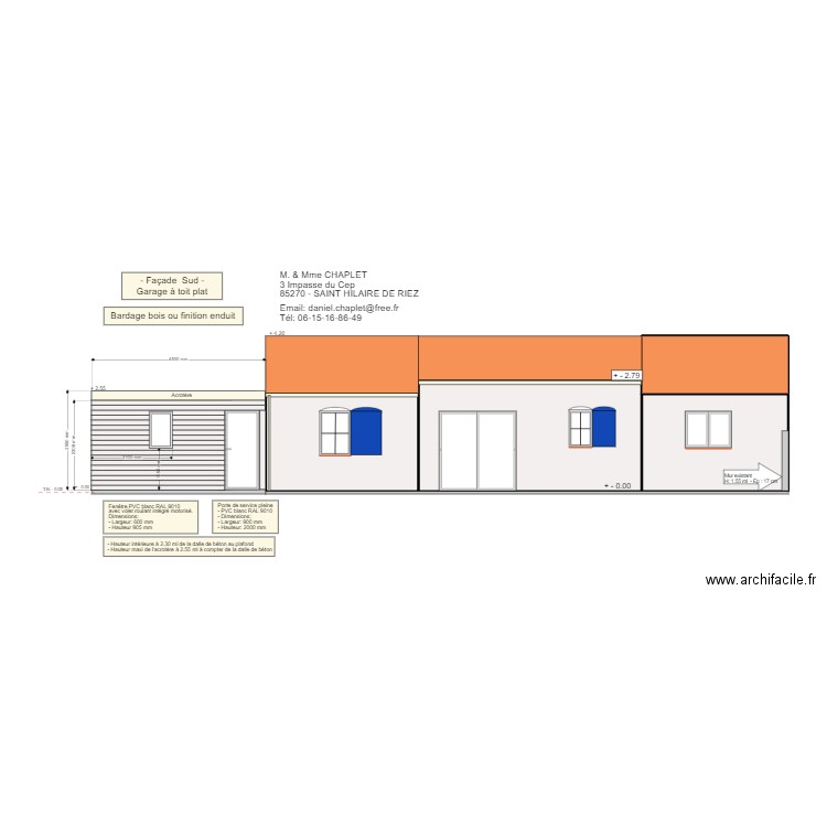 Extension garage - façade Sud - Toit Plat - bardage bois. Plan de 4 pièces et 42 m2