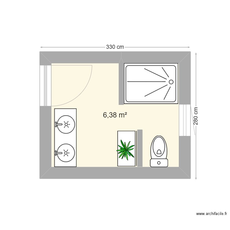 salle de bain Feng Shui version 2. Plan de 1 pièce et 6 m2