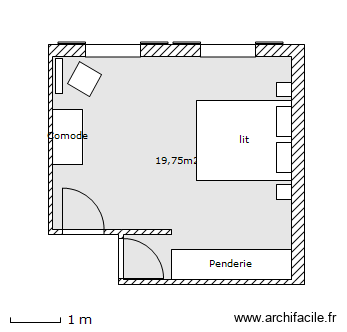 Chambre RDC. Plan de 1 pièce et 20 m2