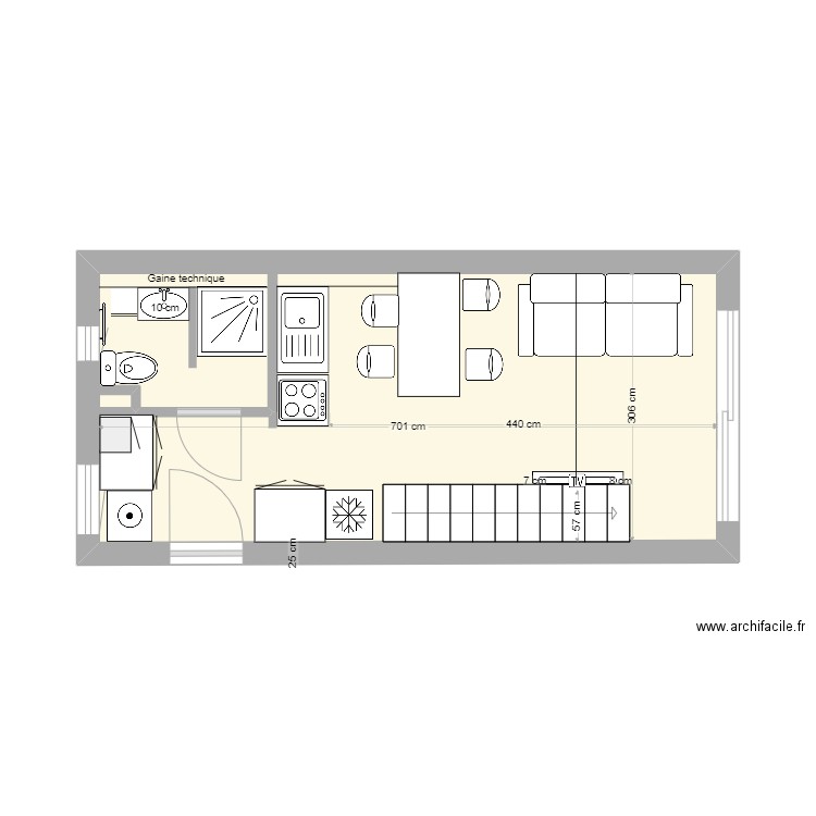 La LISCIA 3 avec sdb. Plan de 1 pièce et 21 m2
