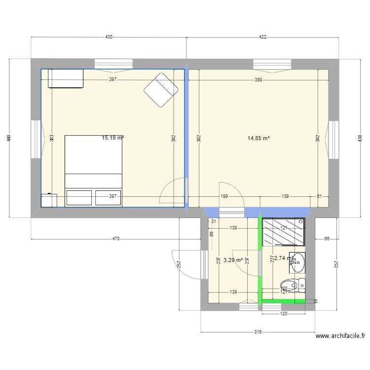 Plan sb. Plan de 4 pièces et 36 m2