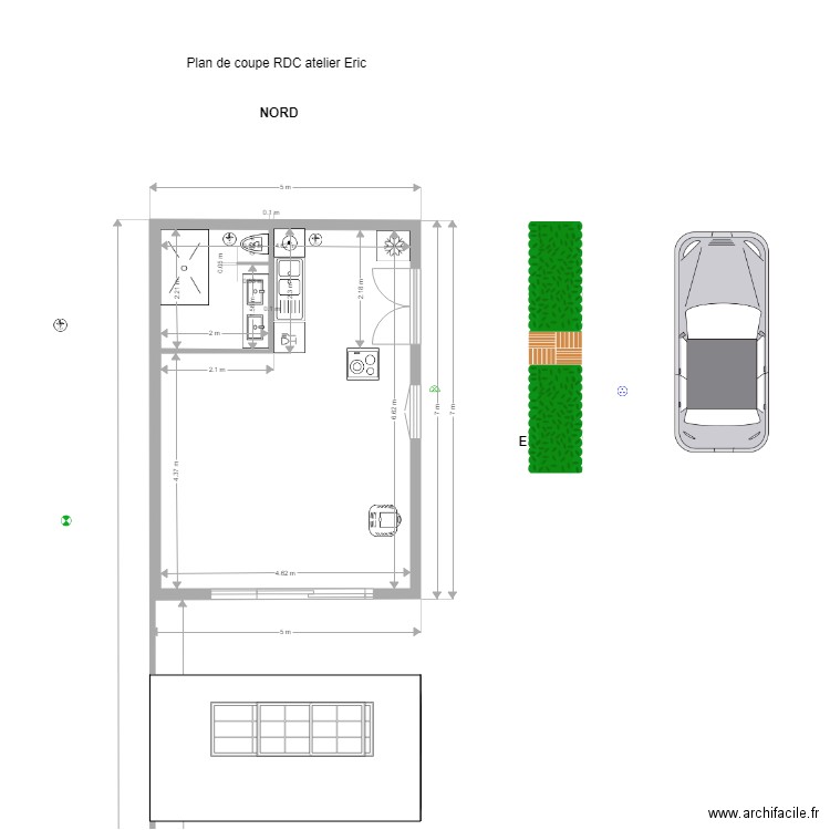 Plan de coupe RDC atelier jm 2 version cheminée. Plan de 1 pièce et 30 m2