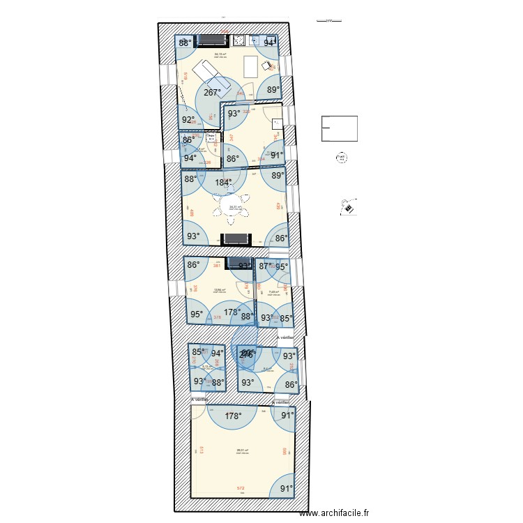 Chamaillard Existant-Cible RDC avec ouvertures et sanitaire Epaisseur mur vérifiée 202312011. Plan de 9 pièces et 128 m2