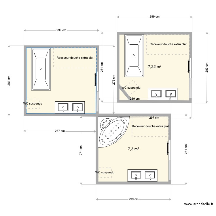 disposition salle de bain rdc . Plan de 3 pièces et 22 m2