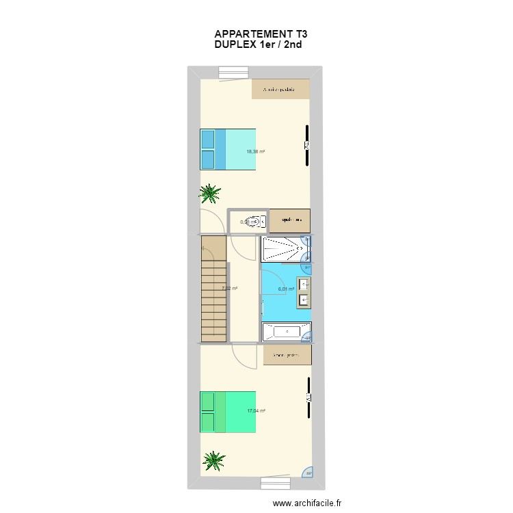 appart Duplex T3 ETAGE 2. Plan de 5 pièces et 49 m2