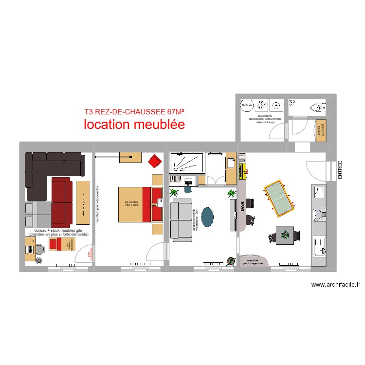 airbnb 3 version quasi finie. Plan de 8 pièces et 74 m2