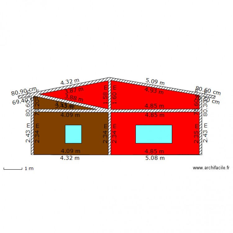 extention batiment 195A façade nord est(extention en rouge et existant en brun). Plan de 0 pièce et 0 m2