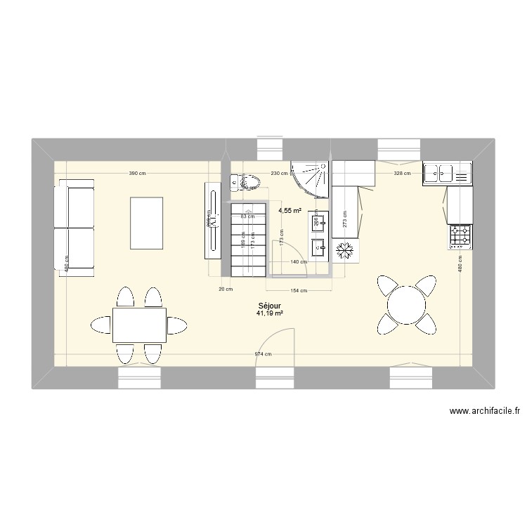RdC La Châtre. Plan de 2 pièces et 46 m2