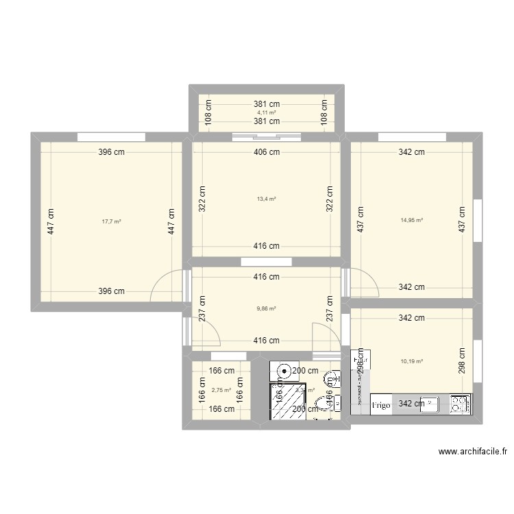Appartement + cuisine + sdb. Plan de 8 pièces et 76 m2