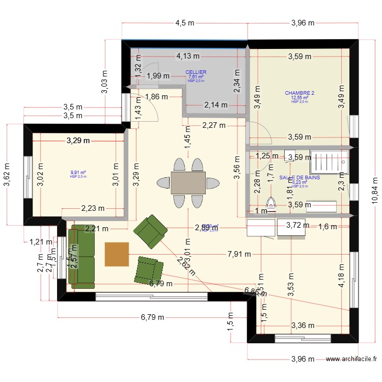 plan double L7. Plan de 5 pièces et 87 m2