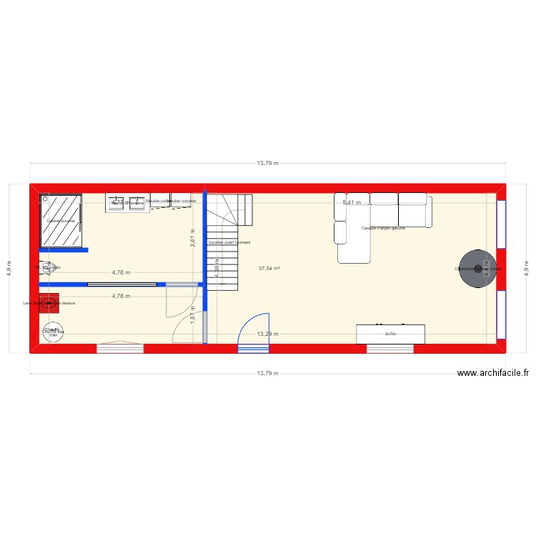 Plan RDC maison Guéna. Plan de 1 pièce et 58 m2